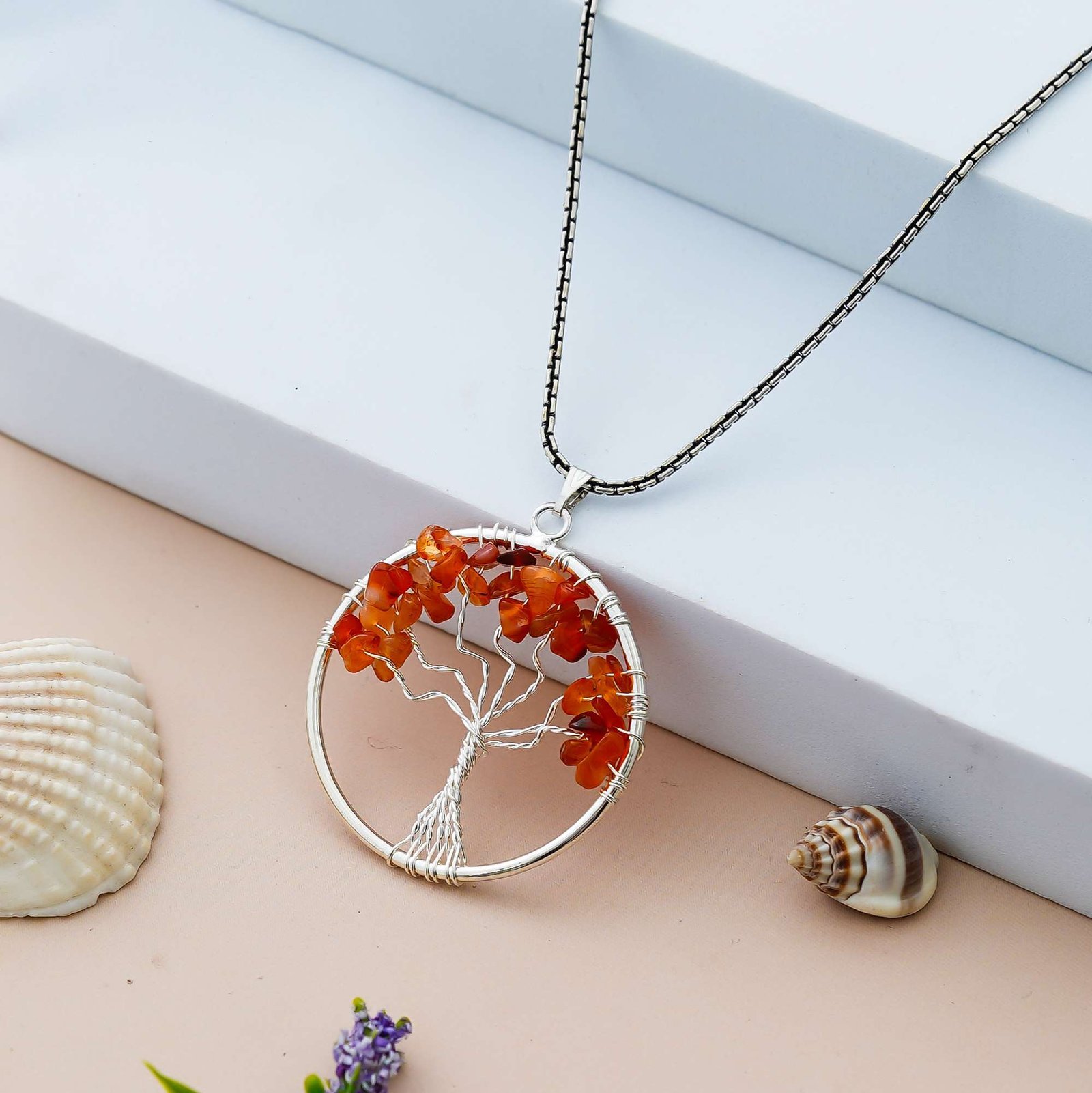 Carnelian Pendant Tree of Life Crystal Stone Pendant Locket with Metal Chain for Healing Crystal Healing Gemstone Size 35-40 mm Carnelian