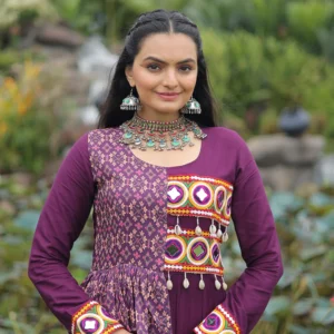 Women's Wine Purple Flared Anarkali Gown with Embroidered Yoke
