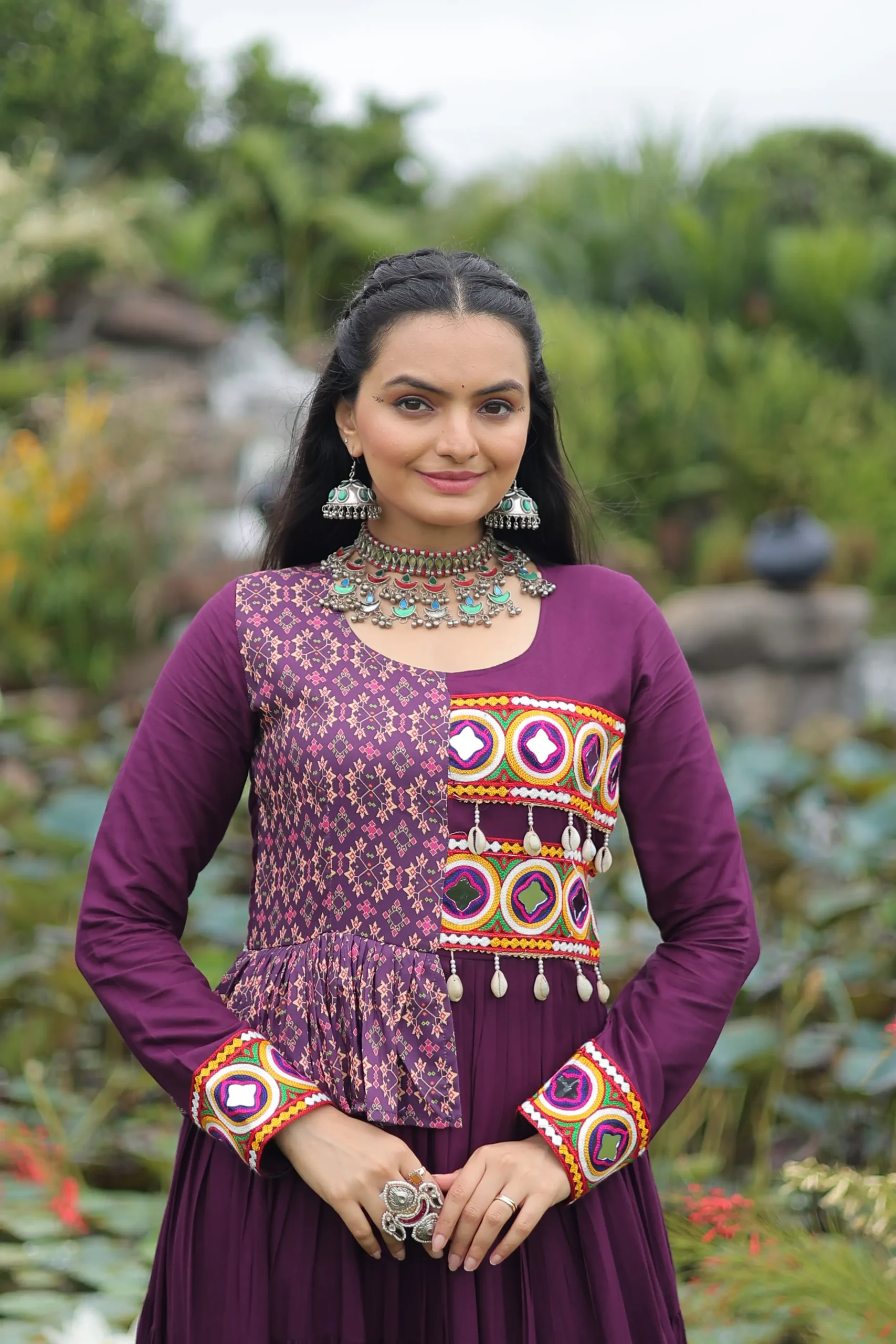 Women's Wine Purple Flared Anarkali Gown with Embroidered Yoke