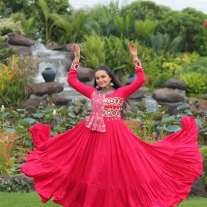 Women's Pink Flared Anarkali Gown with Embroidered Yoke