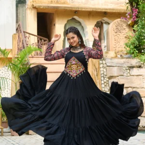 Women's Black Flared Anarkali Gown with Embroidered Yoke