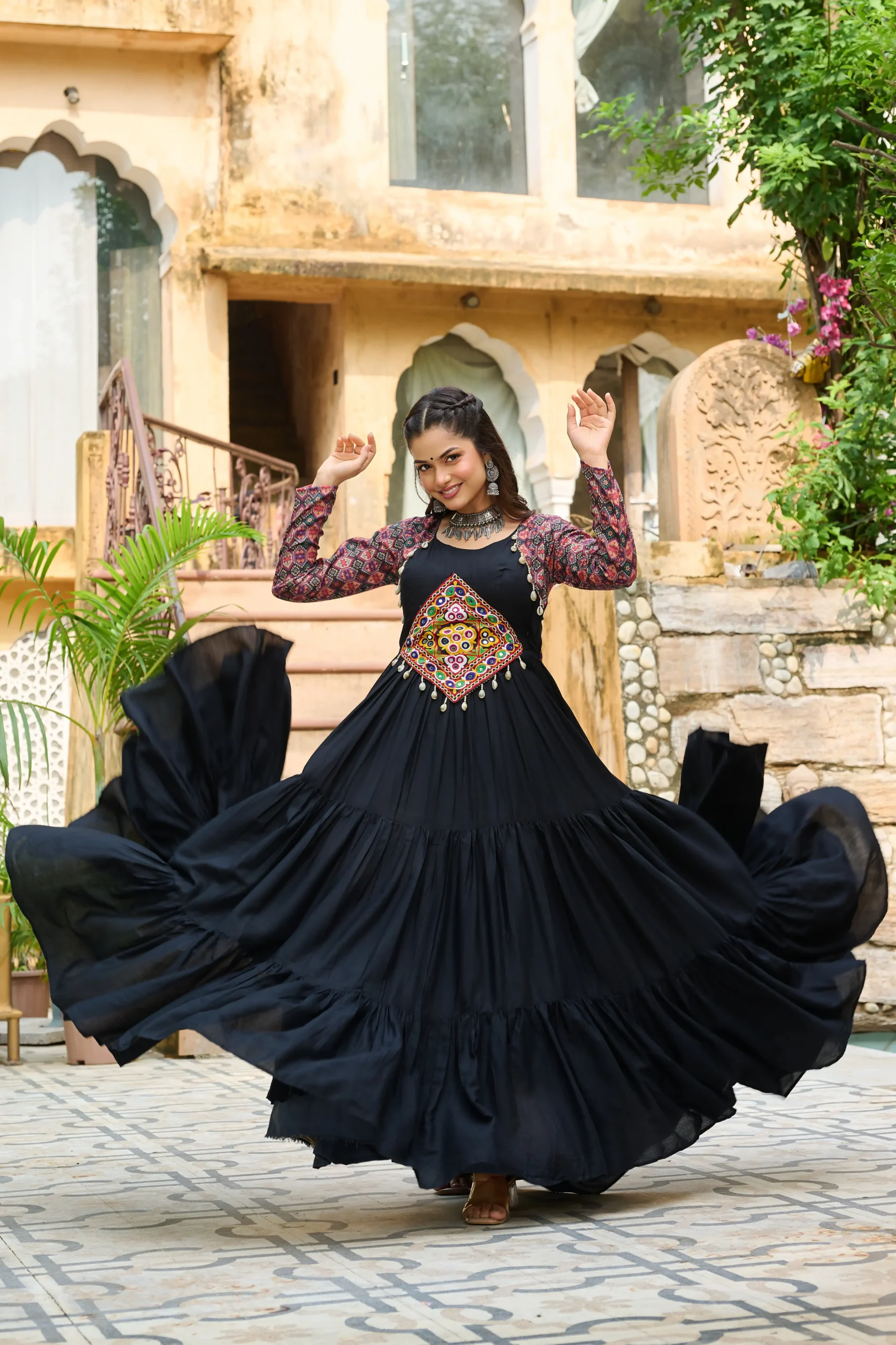 Women's Black Embroidered Flared Anarkali Gown
